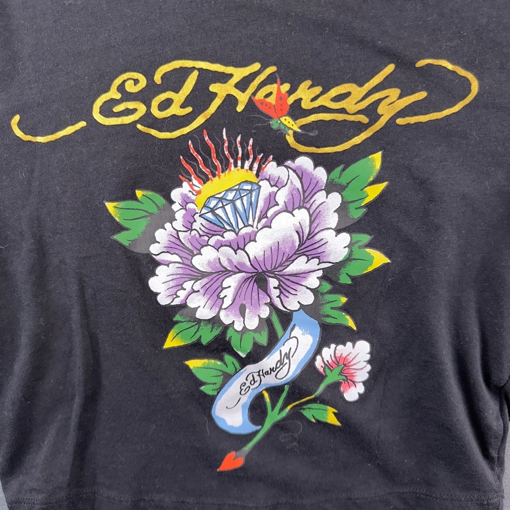 Ed Hardy Black Peony Diamond Graphic Crop Top Tee Y2K Style Womens Medium - Picture 3 of 7